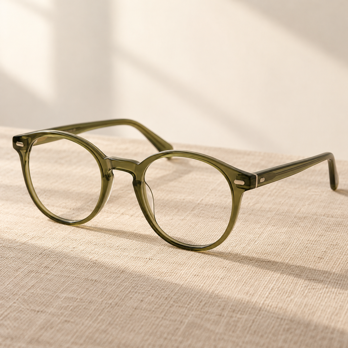 Olive translucent olive green Panto round eyeglass frame design illustration