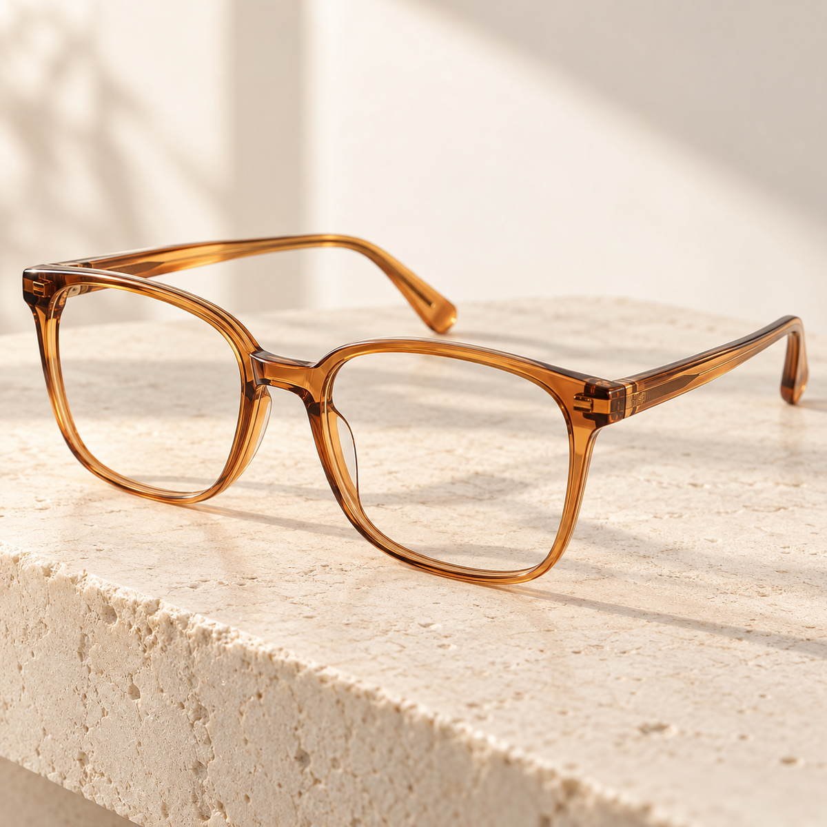 Aster warm translucent amber Soft square eyeglass frame design illustration