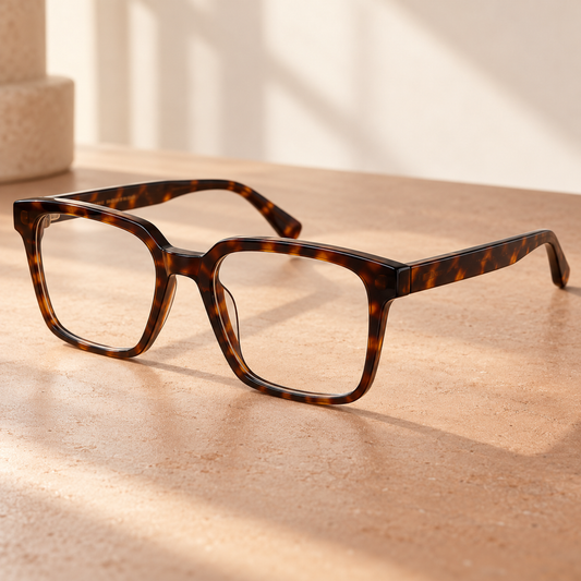 Atlas dark tortoiseshell brown Angular square eyeglass frame design illustration
