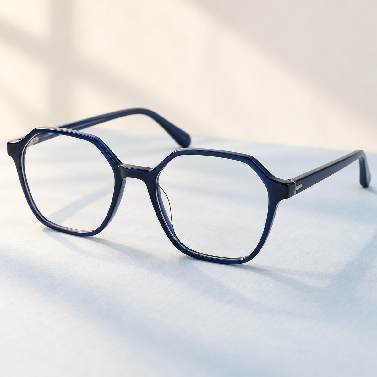 Indigo deep midnight blue Geometric hexagon eyeglass frame design illustration