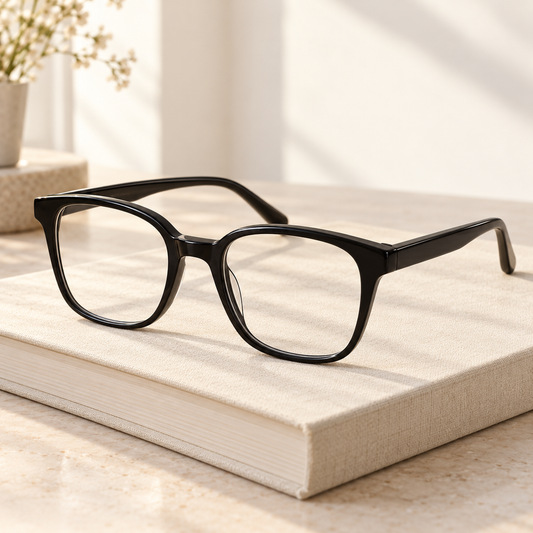Noir glossy black Rounded rectangle eyeglass frame design illustration