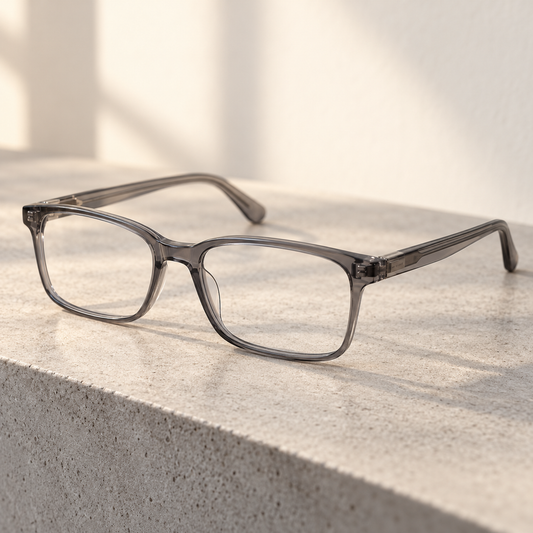Slate smoky translucent grey Narrow rectangle eyeglass frame design illustration