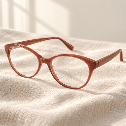 Terra muted reddish terracotta Upswept oval eyeglass frame design illustration