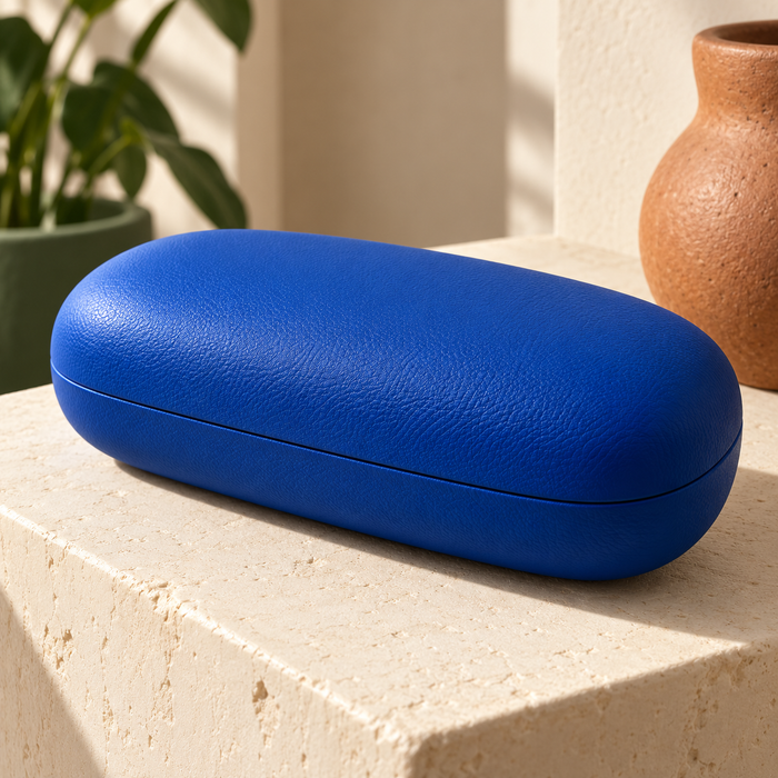 Cobalt Capsule Eyeglass Case — AI-generated design illustration